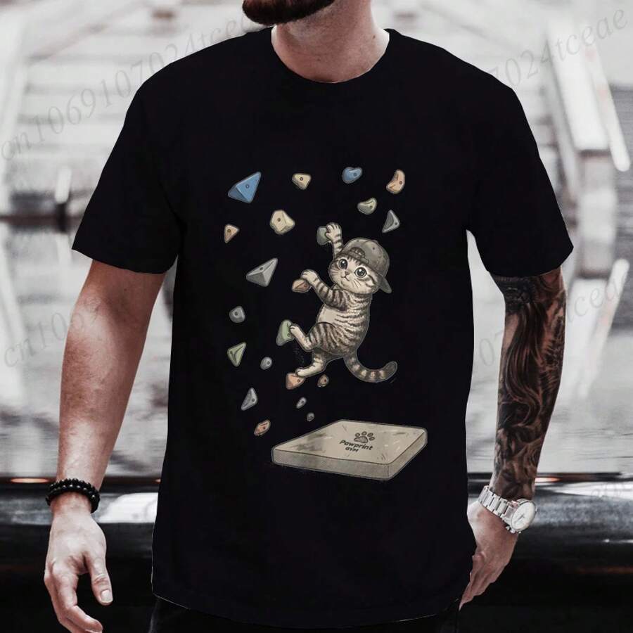 Men's Bouldering Cat T-Shirt, Rock Climbing Cat Graphic Tees, Outdoor Mountain Sportswear, Short Sleeve Casual T-Shirts - 黑色 - 查看 1