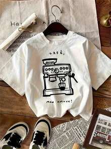 Camiseta de Manga Corta Impresa Casual para Mujeres de Talla, Camiseta Gráfica Vintage de Café para Mujeres - Diseño de Café con Texto AMOUR - Camiseta Blanca - Camiseta Casual de Toda Temporada - Regalo de Cumpleaños y San Valentín para Amantes del Café - Lavable aáquina, Suave, Camiseta Impresa, Moda Retro, Material Transpirable, Camiseta Impresa, Moda para Mujeres,% Algodón - Blanco - Ver 1