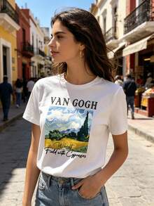 Limited Time Offer, Limited Quantities, Flash ! Women's Casual Shirts, Women's Polyester T-Shirts, Elegant Shirts. Wheat And Cypress Field Print T-Shirt, Casual Short-Sleeved Crew Neck Top, Suitable For Spring And Summer, Women's Clothing - 白色 - 查看 3