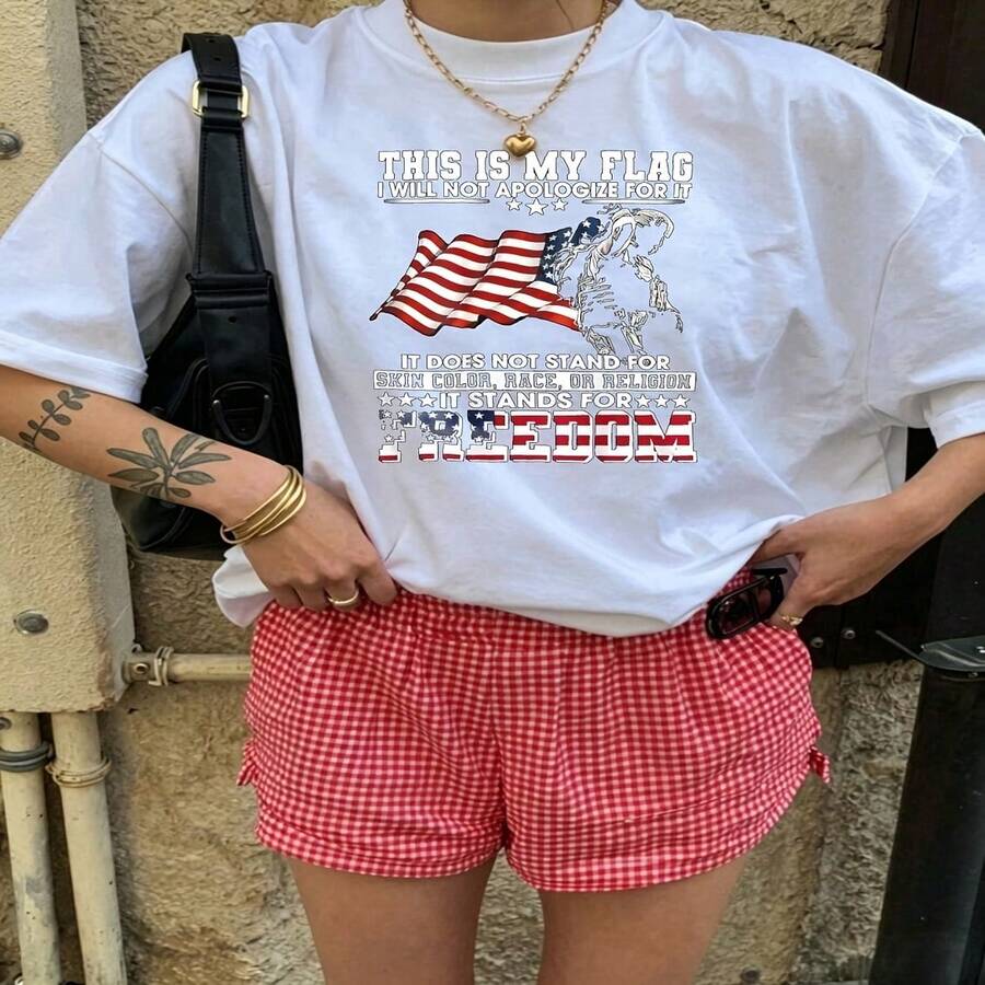 Heartfelt Daily Casual Graphic T-Shirt 100% Cotton Oversized Soft Breathable Casual Crewneck Short Sleeve Top Vintage Aesthetic Red Checkered Shorts Street Style Fashion Lovers Casual Wearers Daily Outfit Enthusiasts Gift Givers - 白色 - 查看 1