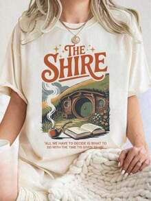 Estilo Y2K, Estampado Direccional, Camiseta de Algodón - Suave, Transpirable, Tela de Algodón, Camiseta Shire LOTR de 1 Pieza, Camiseta para Amantes de Libros de Fantasía, Camiseta para Mujer, Camiseta para Hombre, Estilo Unisex, Camisetas para Vacaciones, Camiseta, Camiseta para Fans, Top de Algodón, Talla S-, Negro, Camisetas Casuales de Manga Corta para Hombres y Mujeres - Albaricoque - Ver 1