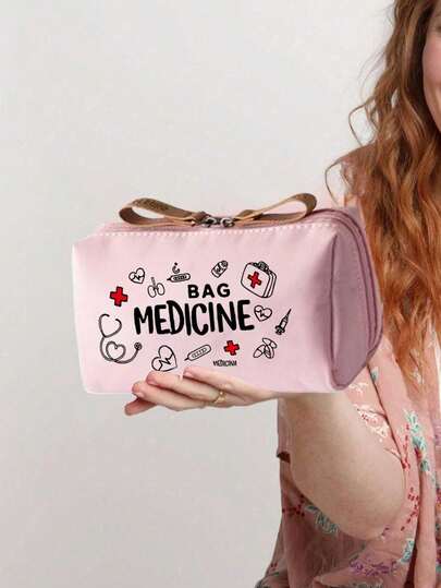 1 Bolsa de medicina portátil, caja de almacenamiento compacta de pastillas y bolsa de primeros auxilios, caja de maquillaje con temas de "medicina" y patrones de pastillas, almacenamiento de medicina de viaje adecuado para uso diario/al aire libre/viaje, accesorios médicos esenciales, pequeña bolsa de medicina de tela multifuncional