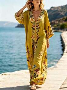Holidaya Vestido largo y suelto con estampado floral, vestido casual de playa, vestido largo con estampado floral como cubierta, adecuado para vacaciones, viajes, playa, ocio al aire libre, vida diaria, compras, reuniones con amigos, viajes al sudeste asiático/islas, eventos temáticos, fiestas de verano al aire libre, picnics, atuendo ligero para vacaciones - Amarillo - Ver 5