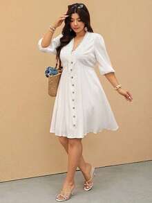 Elaquor Vestido casual de vacaciones de talla grande con cuello en V y nudo en unicolor - Blanco - Ver 5