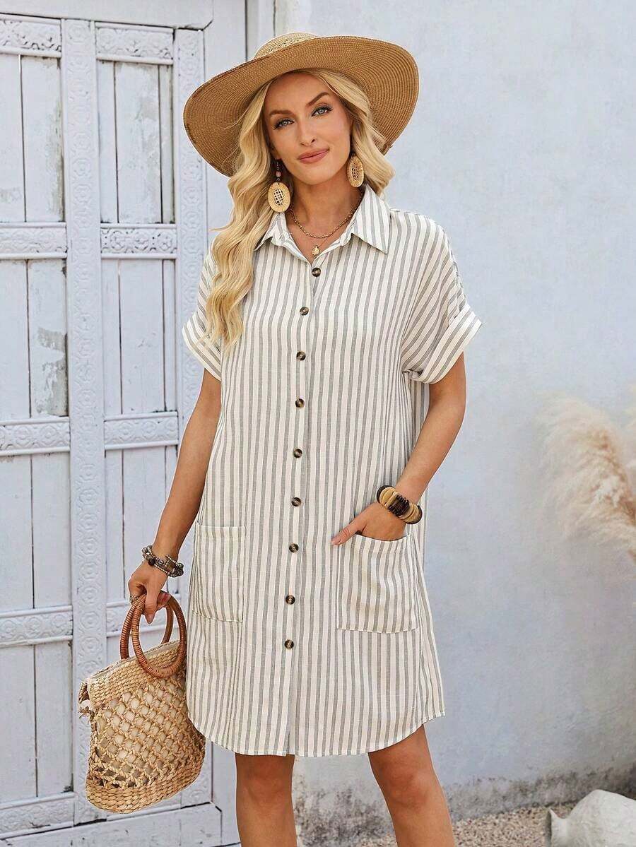 Vestido camisero de rayas azules y blancas rastreable de algodón para mujer - Multicolor - Ver 1