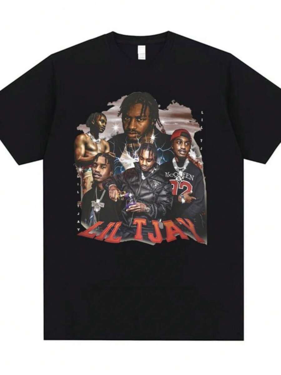 playeras de mujerVintage Rapper Lil Tjay Graphics T Shirt Hip Hop Destined 2 Win Print T-shirts Men Women Fashion Oversized Short Sleeve T Shirts - Negro - Ver 1