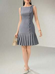 Vestido corto elegante de unicolor con dobladillo plisado y sin mangas - Azul - Ver 5