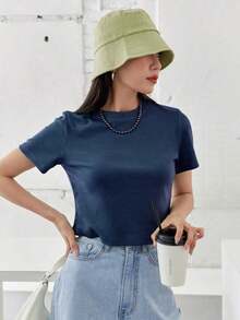 Camiseta de manga corta de unicolor para mujer para el verano, Cropped tops para mujeres - Azul - Ver 5