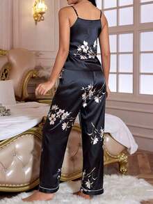 Conjunto de pijama con camisola y pantalones con estampado floral - Negro 2 - Ver 2