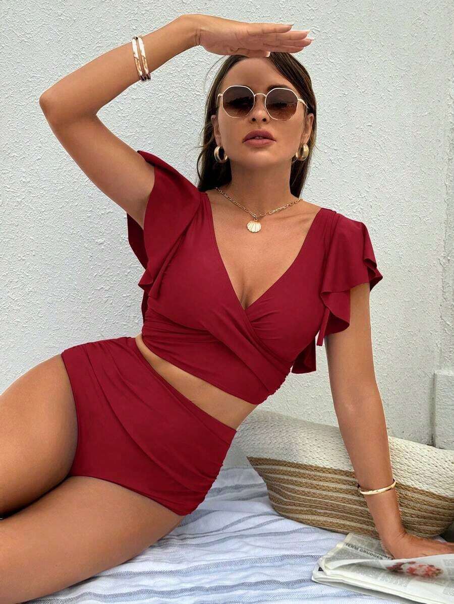 Conjunto de bikini de verano de unicolor y simple para vacaciones y playa para mujeres - Burdeos - Ver 1