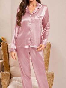 Moireta Conjunto de pijama de top de satén con cuello de solapa y botones con ribete de contraste y pantalones, detalles acogedores y elegantes, ropa de otoño e invierno - Rosa - Ver 6