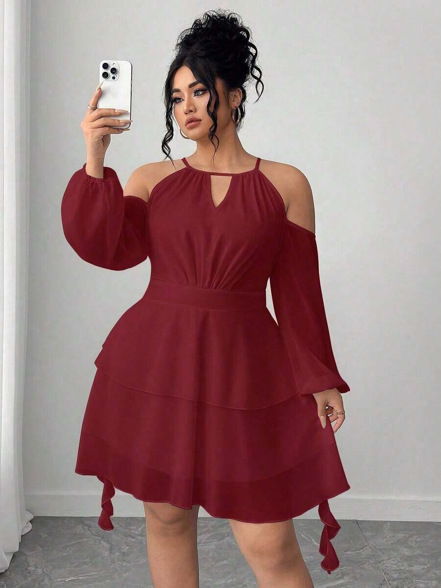 Vestido de mujer con mangas acampanadas y hombros descubiertos - Burdeos - Ver 1
