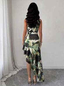 Vestido de mujer con un hombro, estampado teñido difuminado y diseño de volantes en el bajo irregular, vestido de primavera/verano, diseño de bajo irregular, elegante y de moda, adecuado para uso diario, bodas, banquetes, viajes diarios, fiestas de graduación, eventos festivos, vacaciones - Verde - Ver 2
