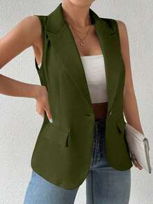 informal sin mangas con cuello francés y botones de unicolor para mujer de talla grande - Verde militar - Ver 6