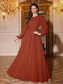 Vestido de dama de honor de manga linterna de unicolor elegante y extra largo - Óxido marrón - Ver 5