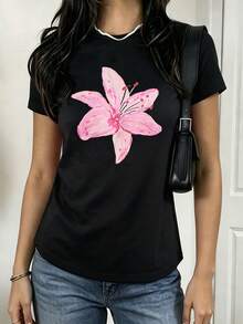 1 Piece Of Women's Plus Size Loose Fit T-Shirt, 100% Cotton, With Dropped Shoulders, Printed With Watercolor Pink Lily Designs, Perfect For Summer Beach, Vacation, Etc. - 黑色 - 查看 3