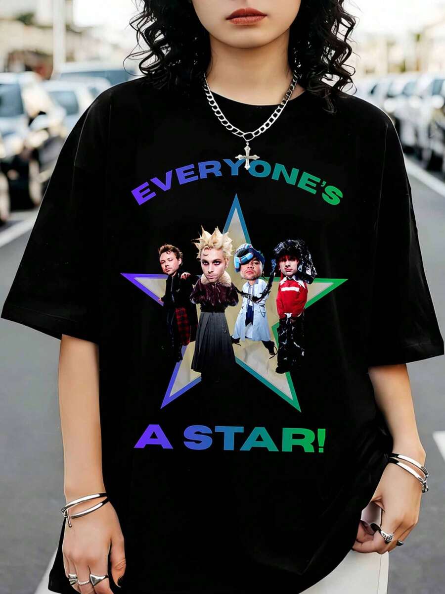 5 Seconds Of Summer Band T-Shirt With Chibi Print 'Everyone's A Star' - Black - View 1
