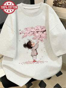 Women's Summer Clothes, Women's Casual Tops, Illustrated Style, Cherry Blossom Print, Oversized Short Sleeve T-Shirt With Round Neck And Drop Shoulders [Lang K] - 淺灰色 - 查看 1