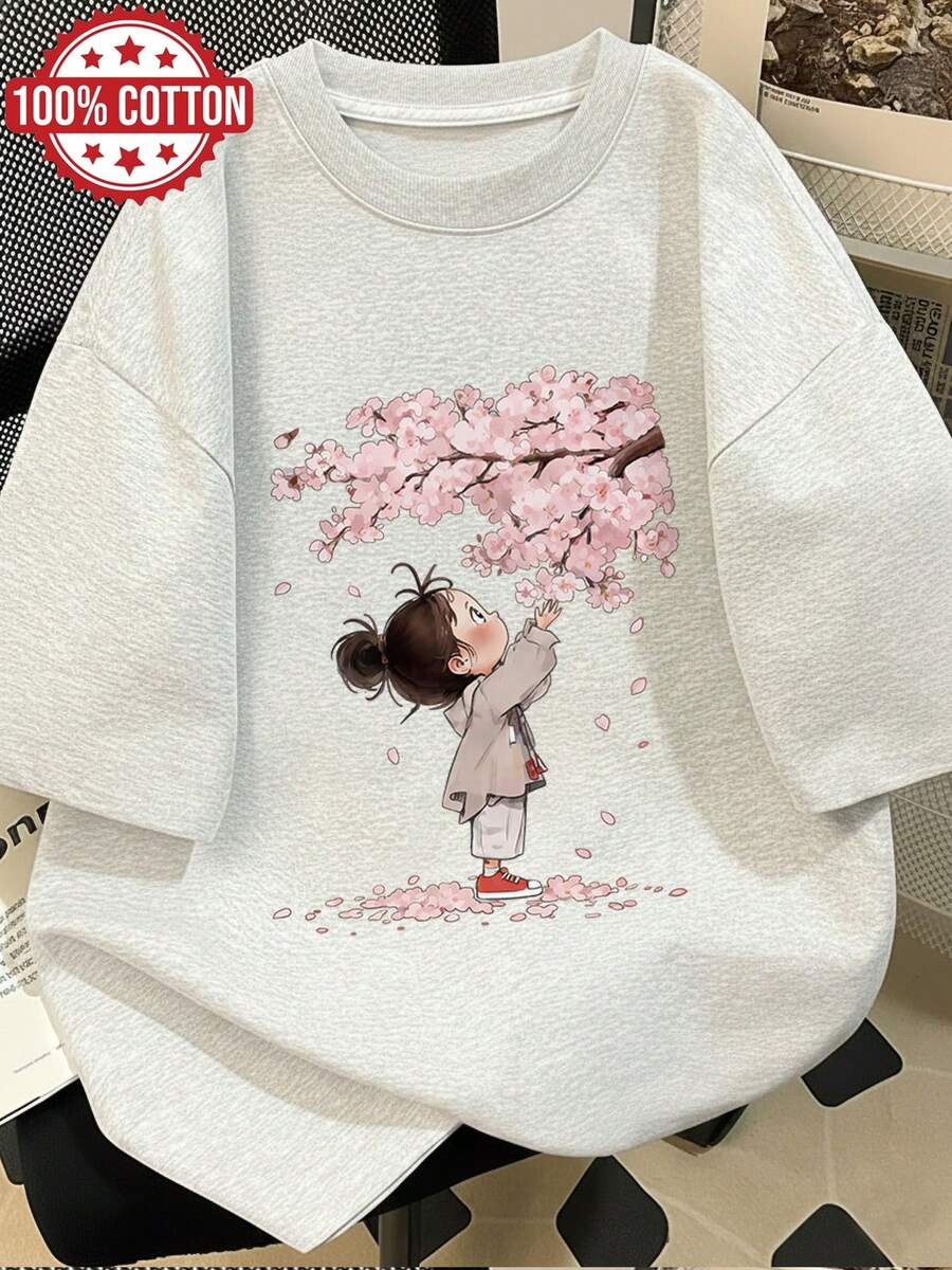 Women's Summer Clothes, Women's Casual Tops, Illustrated Style, Cherry Blossom Print, Oversized Short Sleeve T-Shirt With Round Neck And Drop Shoulders [Lang K] - 淺灰色 - 查看 1