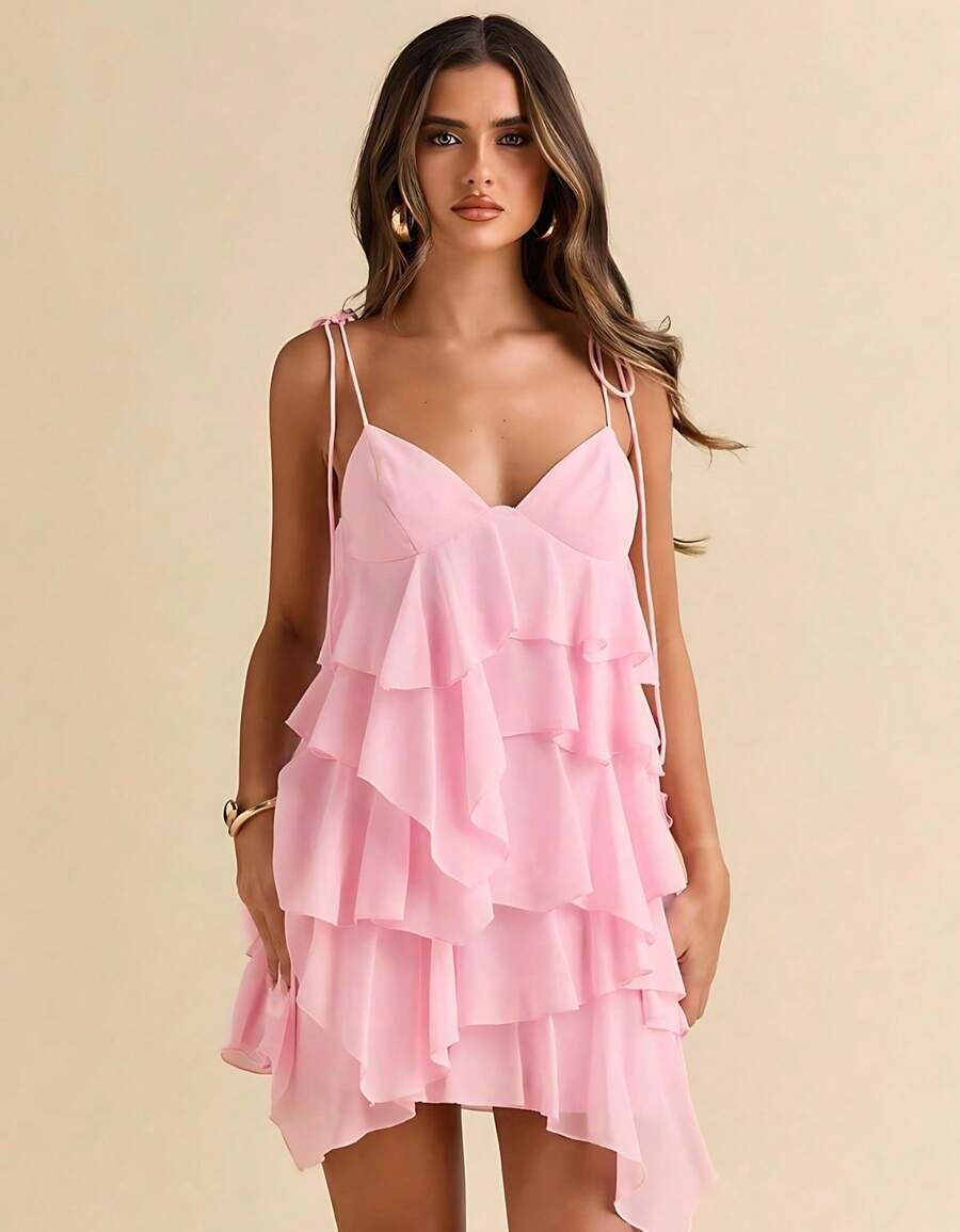 Women's Short Dress With Layered Ruffles, Thin Straps, V-Neck, Summer Fashion - Rosa Claro - View 1