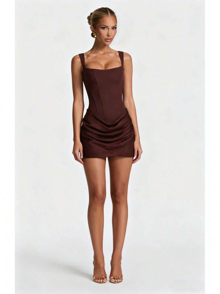 Ladies Minimalist Square Neck Stretch Bodycon Short Dress Evening Going Out Outfit - Coffee Brown - View 1