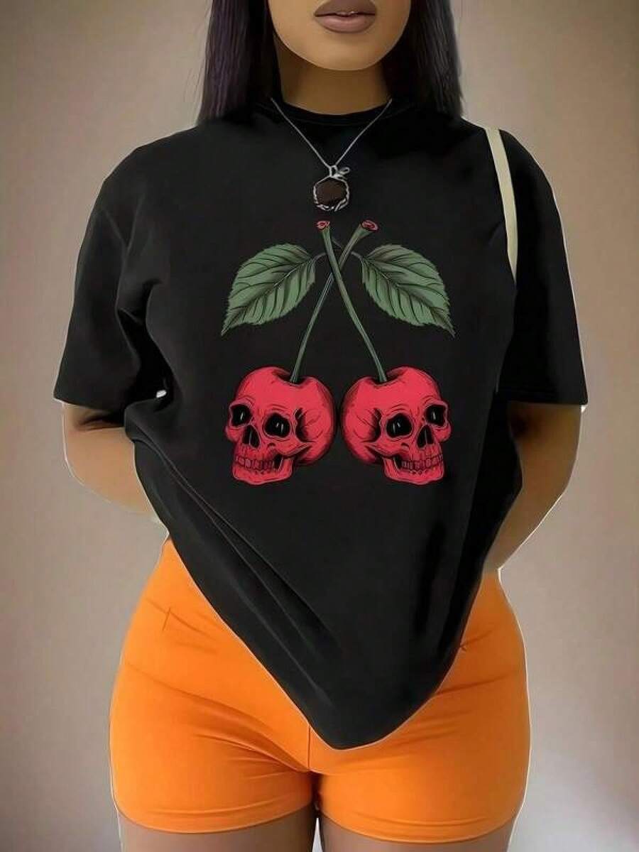 Camisetas Para Mujer AlgodónCamiseta de calaveras de cereza única y moderna para estilo alternativo y audaz diseñada para mujeres juveniles, perfecta para festivales y salidas nocturnas, disponible en talla S, M, L en color negro, moda urbana,  actual. mundial 2026 - Negro - Ver 1