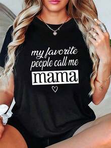 Vintage Cotton Women's Short Sleeve Crew Neck T-Shirt, % Cotton, With The Text "My Favorite People Call Me Mom", Printed For Mother's Day, For Spring And Summer. Graphic Tee - 黑色 - 查看 7