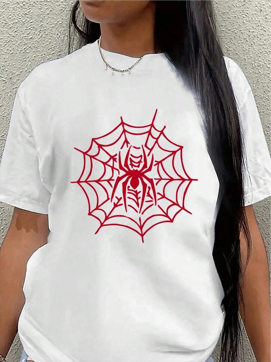 This Lightweight And Durable Short-Sleeved T-Shirt, Designed With A Red Spiderweb Pattern, Is Perfect For Lounging At Home Or Outdoor Activities, Offering A Comfortable Everyday Wear Experience. Women's Blouses > Clothing - 白色 - 查看 1