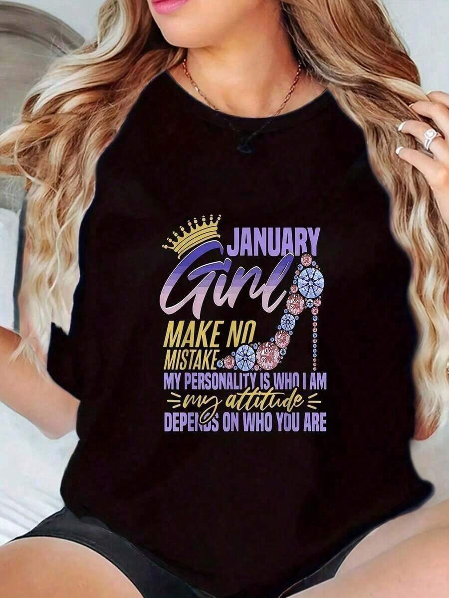 100% Cotton Summer Tops With January It's My Birthday Design Casual T-Shirt Plus Size Holiday Gifts Soft Women's Simple Solid Color T-Shirt, Loose And Slim Fit Casual Short Sleeve - 黑色 - 查看 1