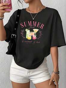 100% Cotton. Illustration Of Colorful Tropical Drinks Conveying Summer Freshness And The Joy Of Relaxed Leisure In The Sun. Women's 100% Soft And Comfortable Cotton T-Shirt. Women's Simple Solid Color T-Shirt, Loose And Slim Fit Casual Short Sleeve - 黑色 - 查看 1