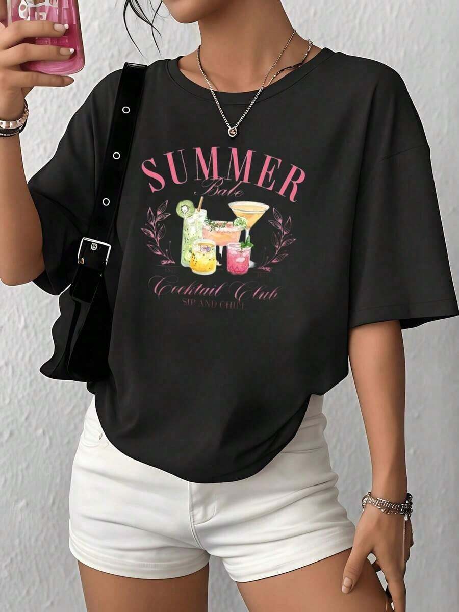 100% Cotton. Illustration Of Colorful Tropical Drinks Conveying Summer Freshness And The Joy Of Relaxed Leisure In The Sun. Women's 100% Soft And Comfortable Cotton T-Shirt. Women's Simple Solid Color T-Shirt, Loose And Slim Fit Casual Short Sleeve - 黑色 - 查看 1