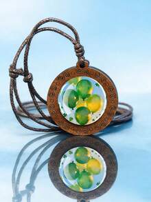 1PC Four Leaf Clover Patterned Dome Glass Inlaid Wooden Pendant Necklace, Paired With Woven Rope Chain, Retro Texture Design, Suitable For Daily Wear Or As A Holiday Gift. - Chocolate Brown - View 12