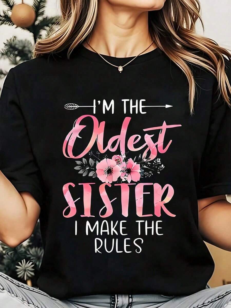 Limited Time Offer, Limited Quantity Available, Flash , Women's Shirts, Women's T-Shirts "I'm The Big Sister, I Make The Rules" - Women's Printed Crew Neck T-Shirt | Family Gift | Christmas Gift - 黑色 - 查看 1