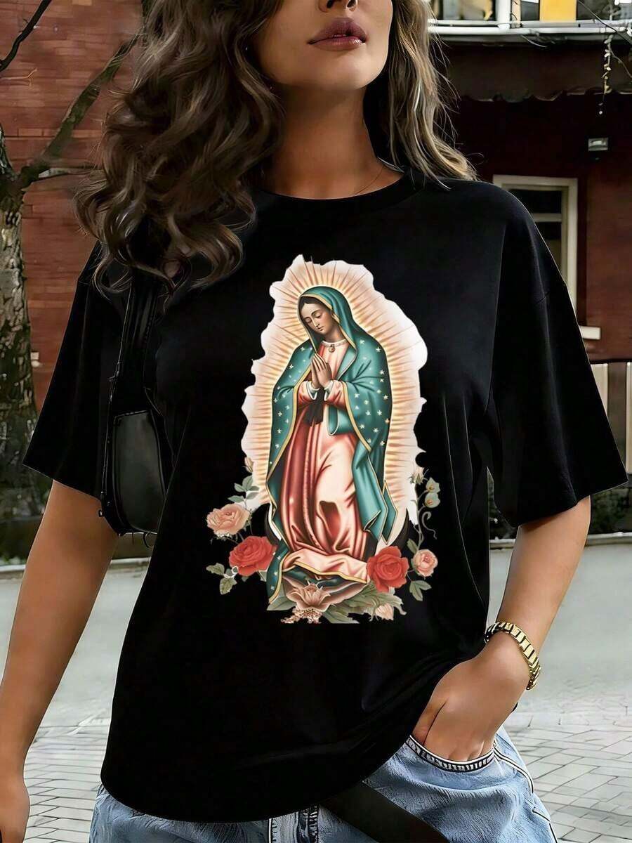 Women's Casual T-Shirt With Virgin Of Guadalupe Graphic, Short Sleeve, Comfortable For Casual And Elegant Outfits, Lightweight And Breathable, Machine Washable, Regular Fit, Crew Neck, 100% Cotton, Durable - 黑色 - 查看 1