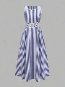 XHEGlowEve Vestido midi de línea A con cintura de parche de rayas azules y blancas de algodón y lino, con recorte de encaje hueco, elegante y encantador para uso diario, vacaciones, citas, moda de calle francesa, retro y versátil para primavera y verano, nuevo diseño sin mangasXHE - Multicolor 5 - Ver 5