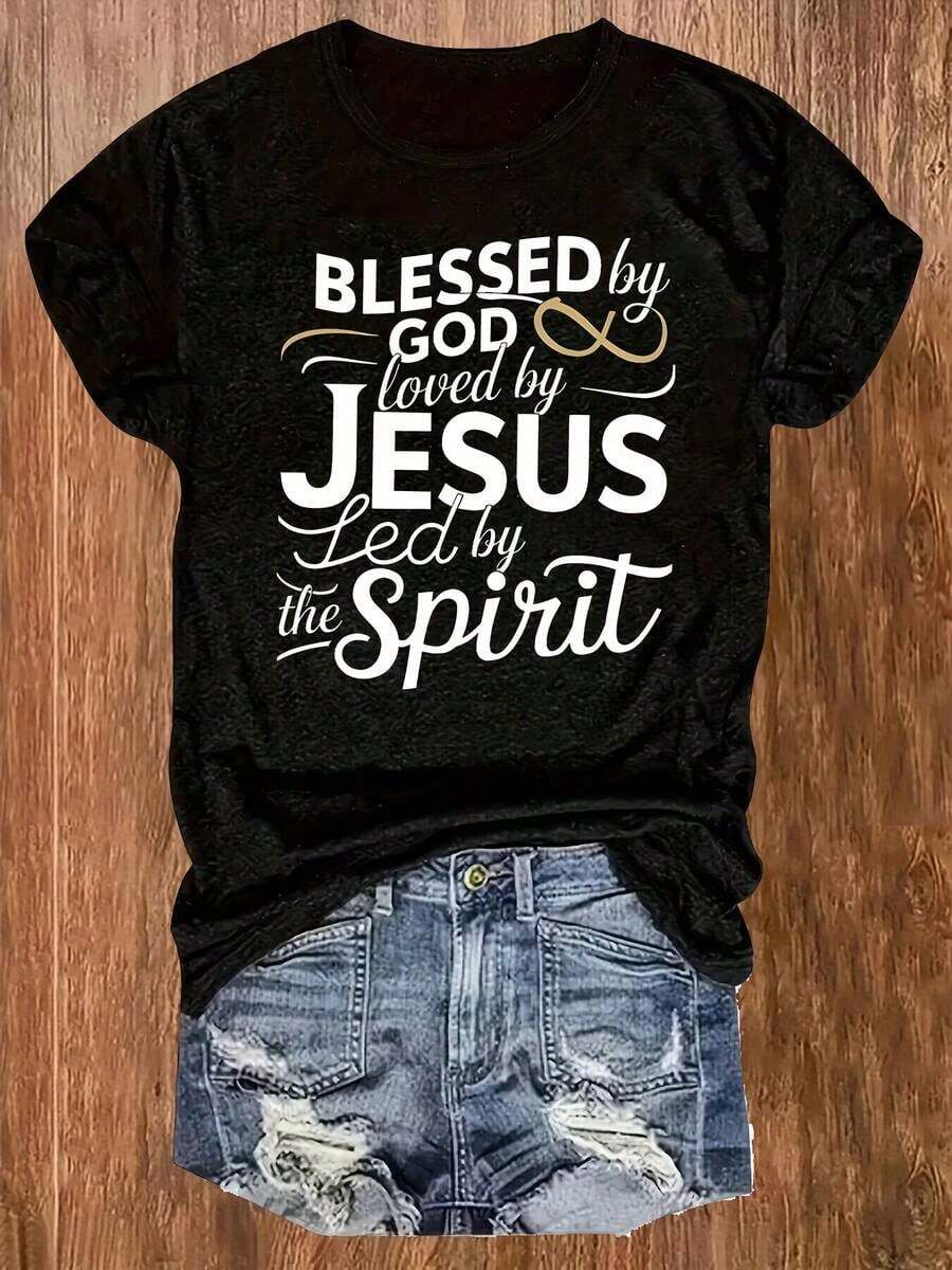 Camiseta casual de cuello redondo con estampado de letras - Negro - Ver 1