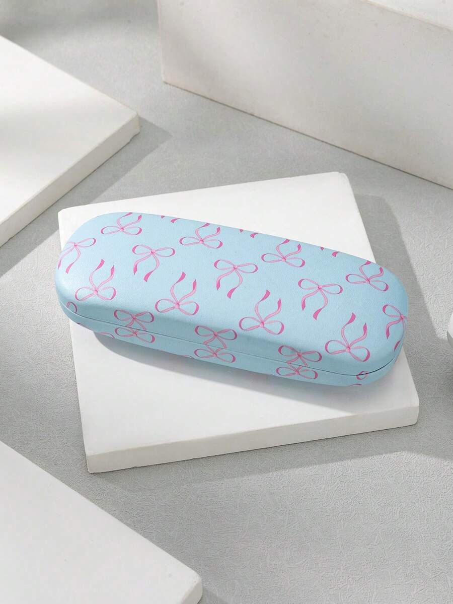1 pieza Estuche de gafas con estampado de lazo, caja de almacenamiento dura y resistente a la presión, portátil y a prueba de arañazos - Azul claro con lazo rosa - 848 - Ver 1
