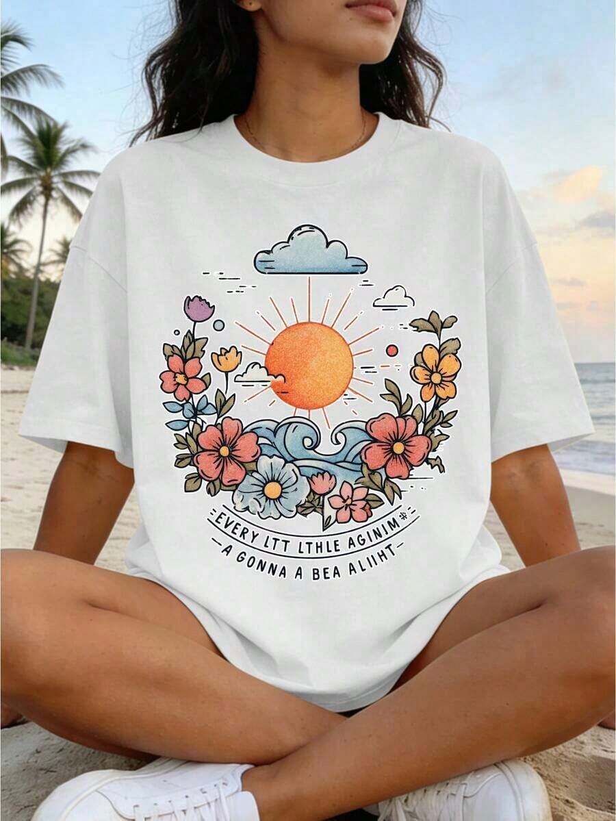 Women's T-Shirts, Casual Loose T-Shirt With Tropical Floral Print Of Seashells And Starfish, Off-The-Shoulder, Short Sleeve, Round Neck, Blouses For Women. - 白色 - 查看 1