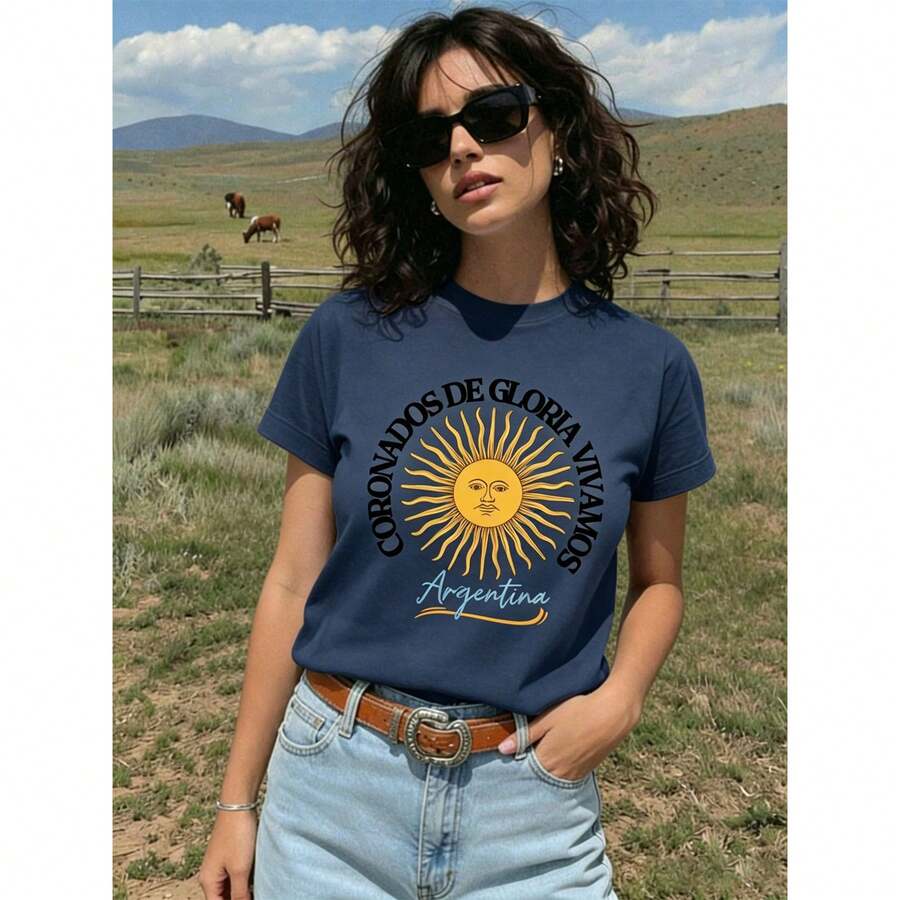 Single Pack Women'S Argentina National Team Graphic T-Shirt - Soft Breathable Blend, Lightweight Short Sleeve Crew Neck With Sun & Flag Print, Un - 藏蓝色 - 查看 1