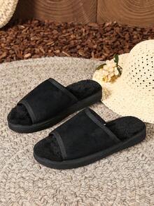 Autumn/Winter Soft Bottom Comfortable Retro Plush Open Toe Slip-On House Slippers, Suitable For Indoor And Outdoor Wear - Black - View 5