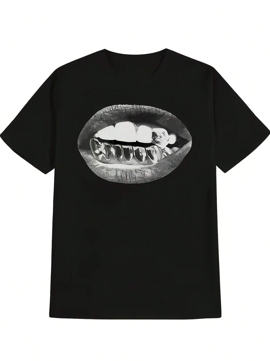 2026Camiseta de manga corta para hombre con estampado de arte oscuro de labio y diente de metal, estilo streetwear, ajuste holgado, prenda superior cómoda y única2026 - Negro - Ver 1