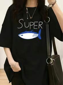 2026Camiseta Negra para Mujer con Gráfico SUPER - Algodón Suave, Casual para Uso Diario, para Fans de K-Pop - Corte Holgado, Cuello Redondo, Ideal para Conciertos y Outfits, Ropa de Primavera, Diseño Divertido, Tela Transpirable, Manga Corta, para Entusia - Negro - Ver 1