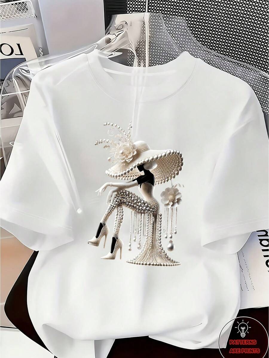 Women's T-Shirt With Pearl Print, Short Sleeve, Round Neck, Casual Style For Summer And Spring, Women's Clothing 1, Suitable For Casual Daily Outings And Weekend Gatherings - 白色 - 查看 1
