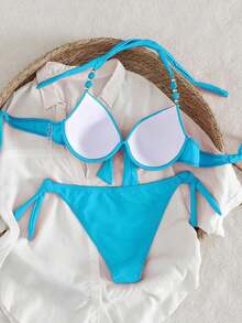Conjunto de bikini de dos piezas de cobertura completa con aros de realce, liso, para playa de verano - Azul - Ver 2