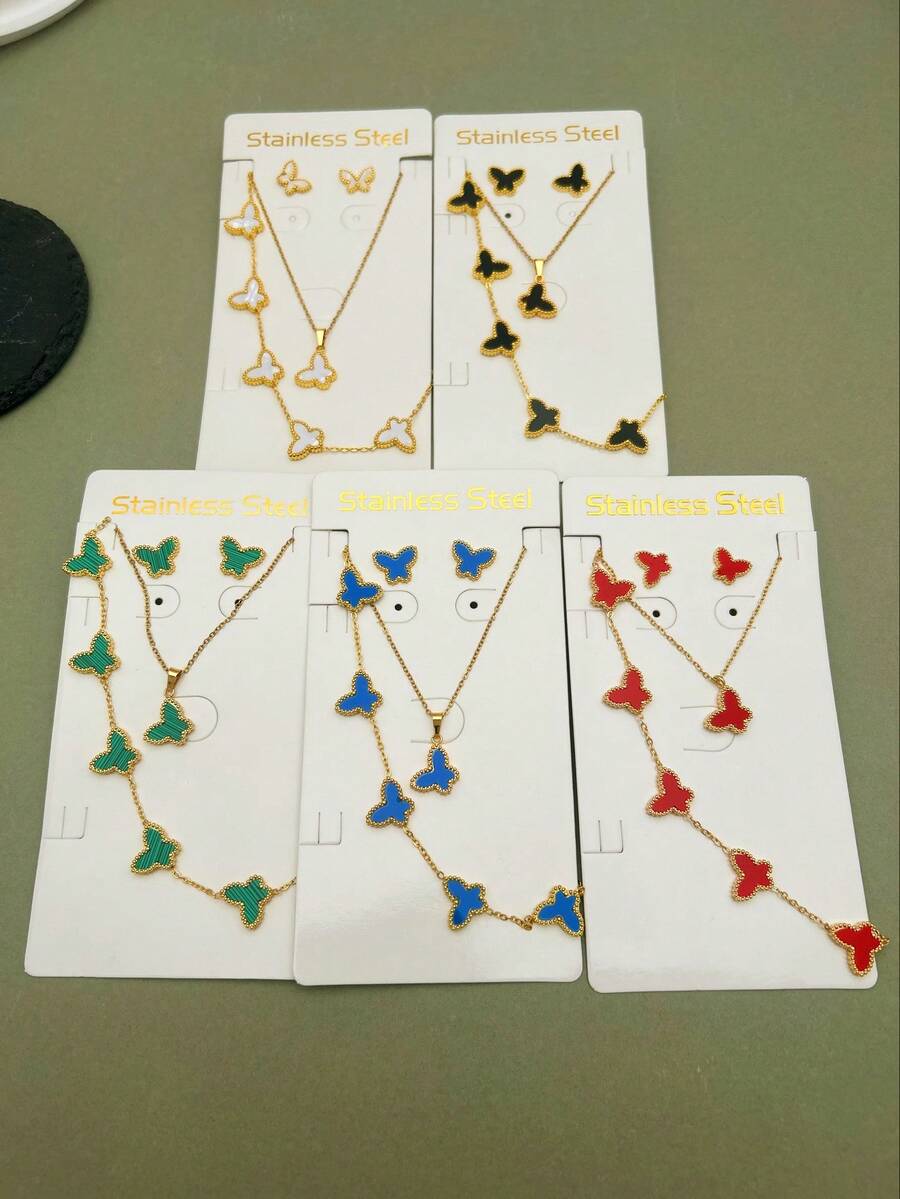 Stainless Steel Double-Sided Butterfly Necklace, Bracelet And Earring Set, Elegant Style, 18K Gold-Plated Accessories, Ladies' Jewelry Set, Available In Multiple Colors. - Colorful - View 1