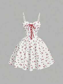 MOD Elegant Cherry Print Color Block Tie Waist Dress, Ideal For Summer, Festivals, Tropical, Vacation, Flirty, Parties, Flowy, Tea, Brunch, Fairy Core Style And Elegant Outfits For Women - 黑色 - 查看 1