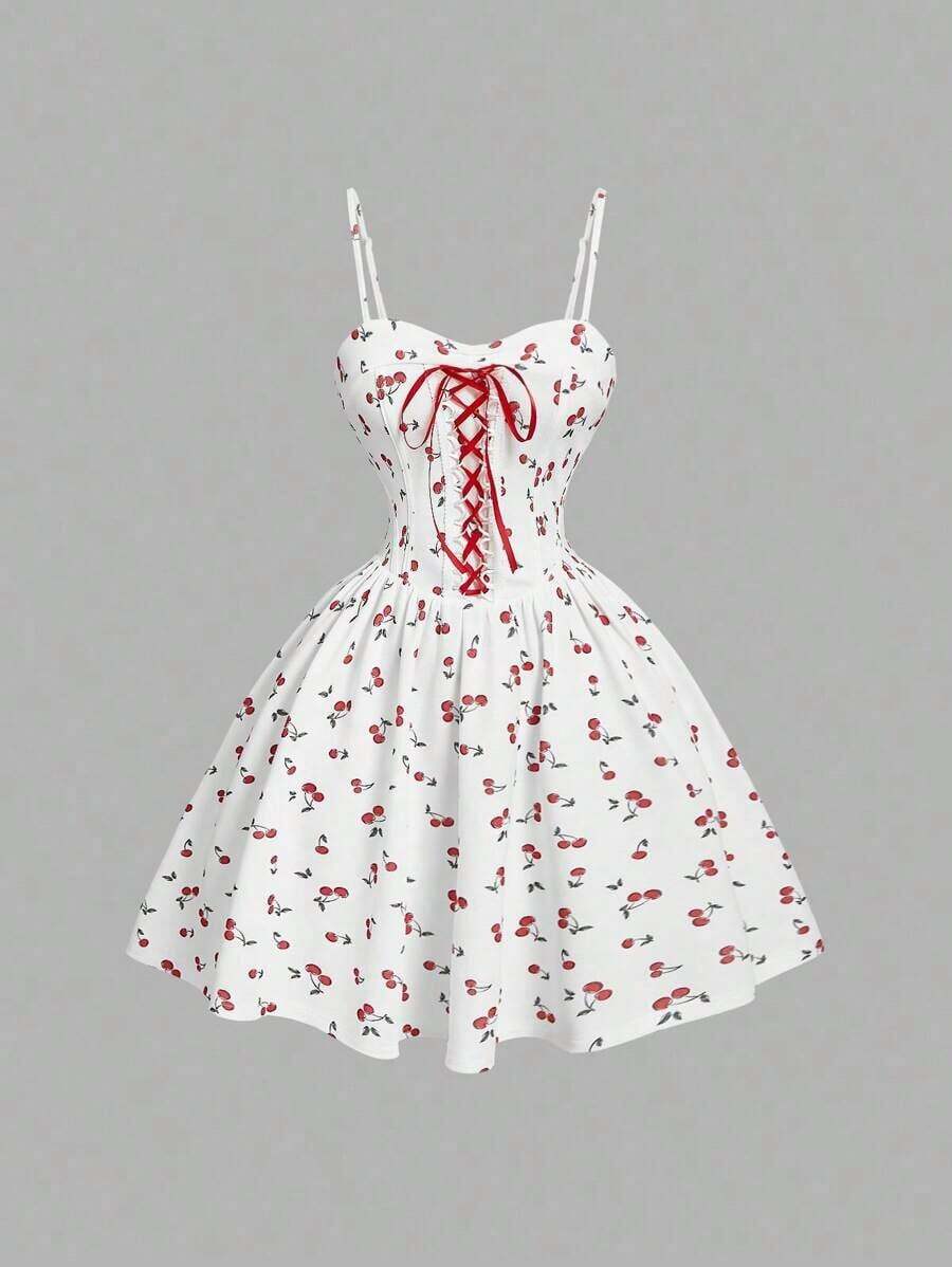 MOD Elegant Cherry Print Color Block Tie Waist Dress, Ideal For Summer, Festivals, Tropical, Vacation, Flirty, Parties, Flowy, Tea, Brunch, Fairy Core Style And Elegant Outfits For Women - 黑色 - 查看 1