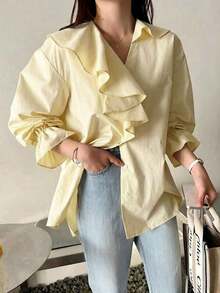 Blusa suelta con escote en V, volantes y parches elegante - Amarillo - Ver 5