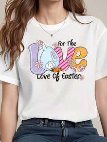 Nueva camiseta de moda para mujer con cuello redondo y estampado de Pascua, estilo casual con detalles de conejo, zanahoria y flores, para salidas de primavera y vacaciones. Diseño versátil listo para el verano. - Blanco - Ver 1