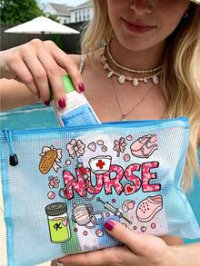 1 chiếc túi đi biển thời trang chống thấm nước chủ đề y tá với chữ "NURSE" và hình in y tế dễ thương, bán chạy nhất trong dòng túi đựng mỹ phẩm PVC, túi đựng mỹ phẩm trong suốt dung tích lớn với khóa kéo nylon - nhẹ, túi lưới chống thấm nước có khóa kéo. - Nhiều màu - Xem 3